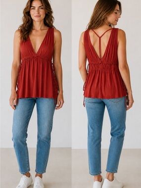 Free People Rust V-Neck Sleeveless Tank with Smocked Waist and Pit to Pit